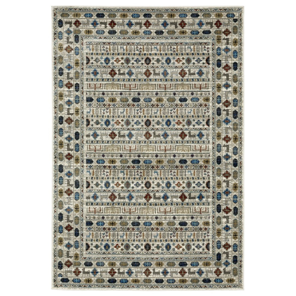 HomeRoots 5' Ivory Tan and Gray Tribal Area Rug - Durable Bohemian Design for Stylish Living Spaces 5' X 7' 574665