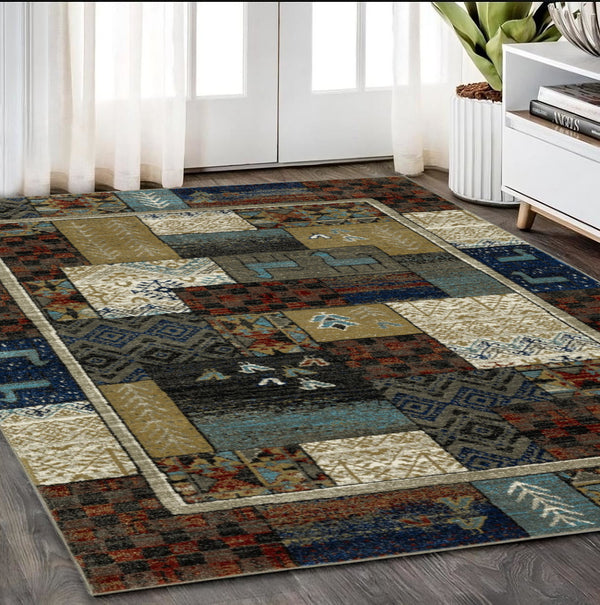 Homeroots 5' Artistic Blue Patchwork Area Rug - Stain Resistant, Perfect For Kids & Pets, Adds Warmth To Home 5' X 7' Polypropylene 574670