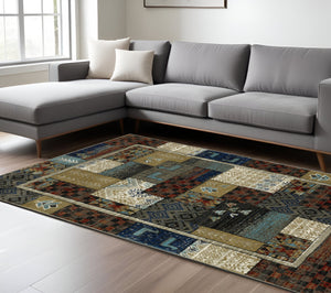 Homeroots 5' Artistic Blue Patchwork Area Rug - Stain Resistant, Perfect For Kids & Pets, Adds Warmth To Home 10' X 13' Polypropylene 574671