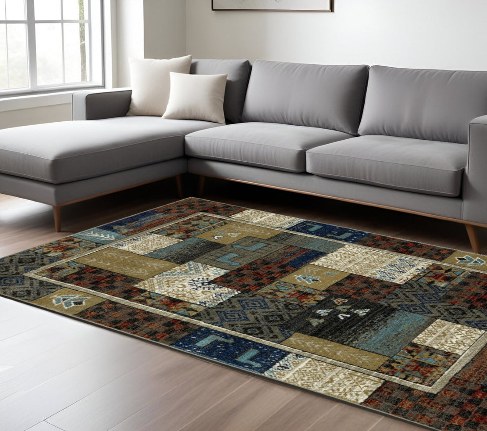 HomeRoots 5' Bohemian Patchwork Area Rug in Brown, Tan & Blue – Durable, Stain-Resistant & Stylish Design 7' X 9' 574673