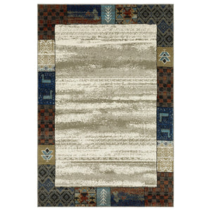 Homeroots 5' Elegant Patchwork Area Rug In Ivory Tan And Blue - Stylish, Stain Resistant For Family Spaces 5' X 7' Polypropylene 574675