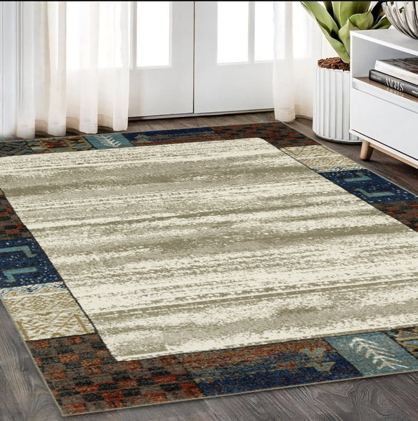 Homeroots 5' Elegant Patchwork Area Rug In Ivory Tan And Blue - Stylish, Stain Resistant For Family Spaces 5' X 7' Polypropylene 574675