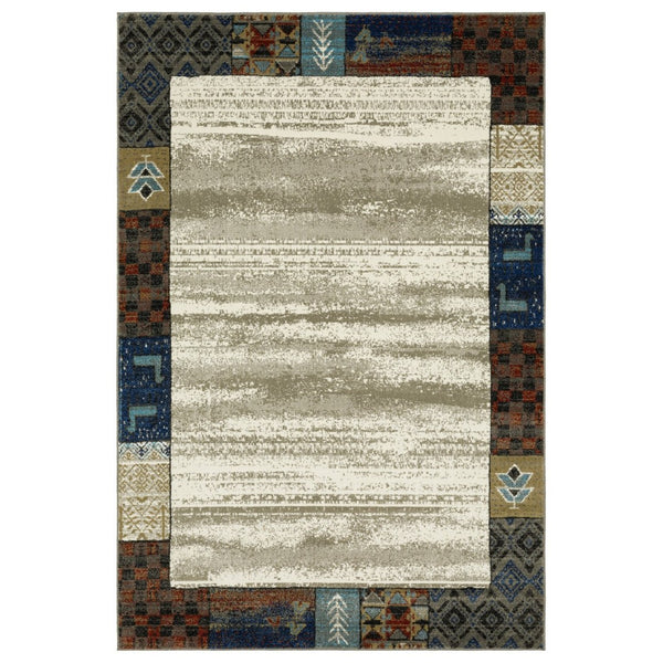 HomeRoots 5' Elegant Ivory Tan and Blue Patchwork Area Rug – Durable, Stain-Resistant, Perfect for Any Room! 5' X 7' 574675