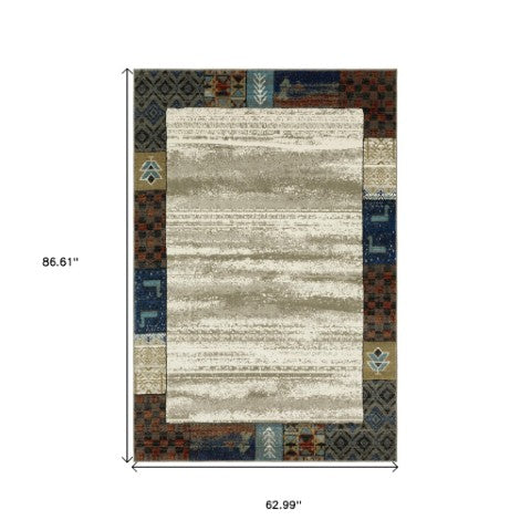Homeroots 5' Elegant Patchwork Area Rug In Ivory Tan And Blue - Stylish, Stain Resistant For Family Spaces 5' X 7' Polypropylene 574675