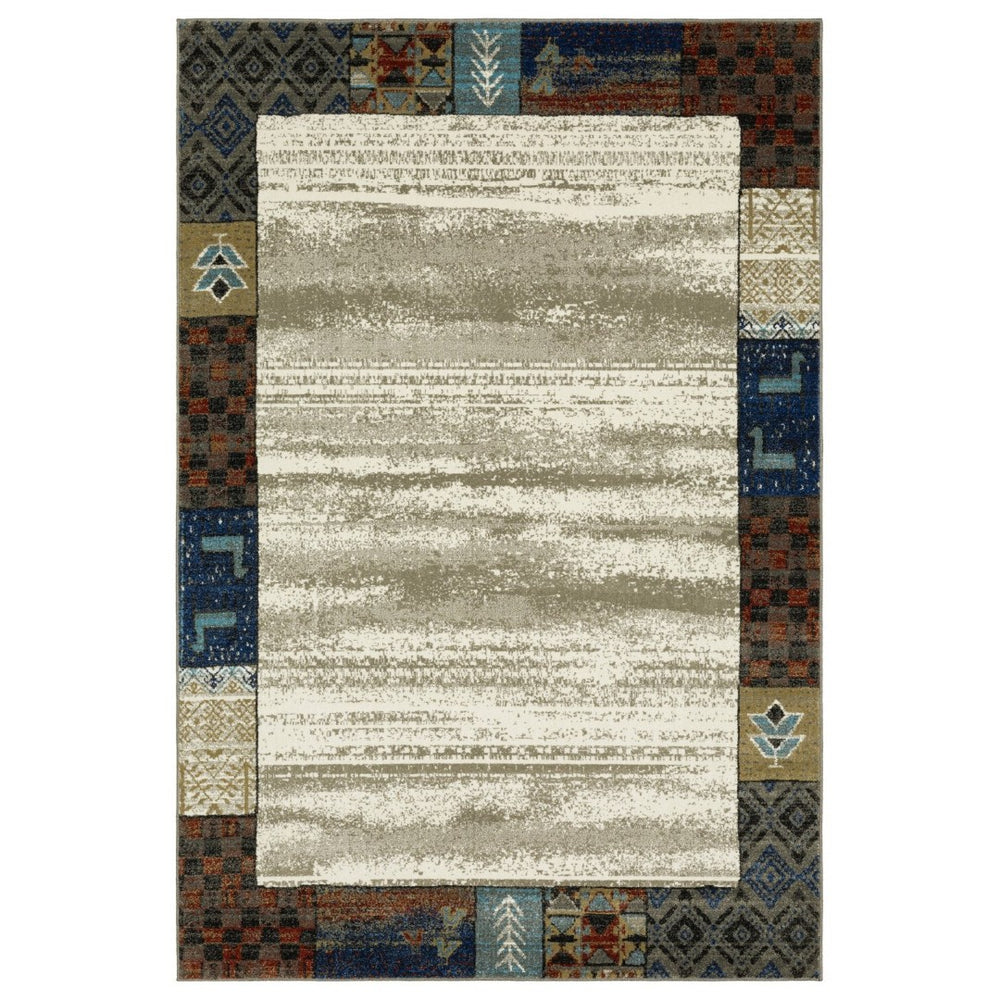 HomeRoots 5' Elegant Ivory Tan and Blue Patchwork Area Rug – Durable, Stain-Resistant, Perfect for Any Room! 10' X 13' 574676