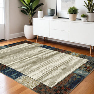 Homeroots 5' Elegant Patchwork Area Rug In Ivory Tan And Blue - Stylish, Stain Resistant For Family Spaces 4' X 6' Polypropylene 574677