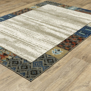 HomeRoots 5' Elegant Ivory Tan and Blue Patchwork Area Rug – Durable, Stain-Resistant, Perfect for Any Room! 8' X 10' 574679