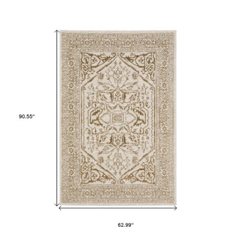 Homeroots 5' Ivory And Gold Oriental Area Rug - Stain Resistant, Stylish Design For Any Home Decor 5' X 8' Polyester 574685