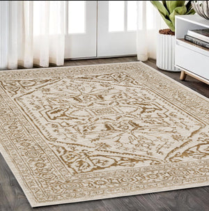 Homeroots 5' Ivory And Gold Oriental Area Rug - Stain Resistant, Stylish Design For Any Home Decor 5' X 8' Polyester 574685