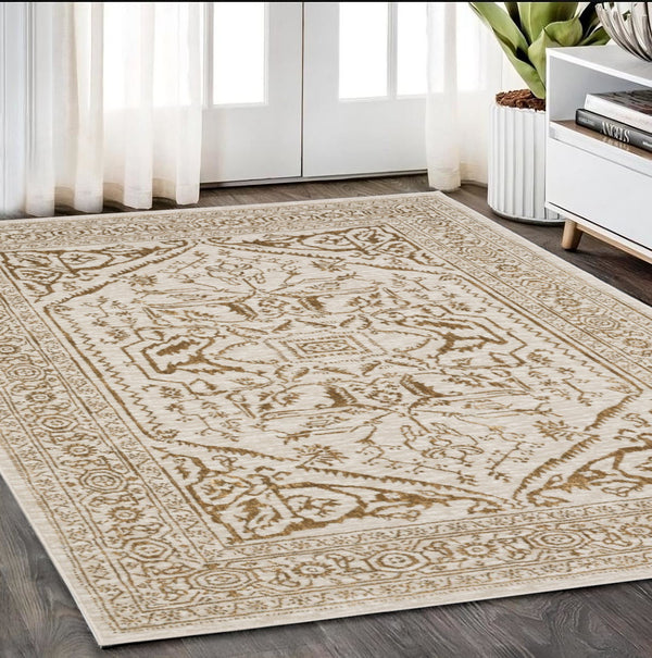 Homeroots 5' Ivory And Gold Oriental Area Rug - Stain Resistant, Stylish Design For Any Home Decor 5' X 8' Polyester 574685