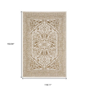 Homeroots 5' Ivory And Gold Oriental Area Rug - Stain Resistant, Stylish Design For Any Home Decor 10' X 13' Polyester 574686