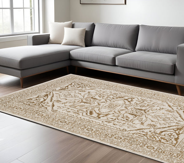 Homeroots 5' Ivory And Gold Oriental Area Rug - Stain Resistant, Stylish Design For Any Home Decor 10' X 13' Polyester 574686