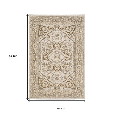 Homeroots 5' Ivory And Gold Oriental Area Rug - Stain Resistant, Stylish Design For Any Home Decor 4' X 6' Polyester 574687