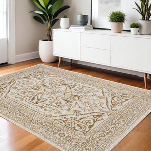 Homeroots 5' Ivory And Gold Oriental Area Rug - Stain Resistant, Stylish Design For Any Home Decor 4' X 6' Polyester 574687