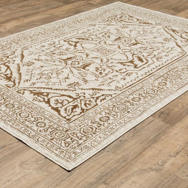 Homeroots 5' Ivory And Gold Oriental Area Rug - Stain Resistant, Stylish Design For Any Home Decor 4' X 6' Polyester 574687