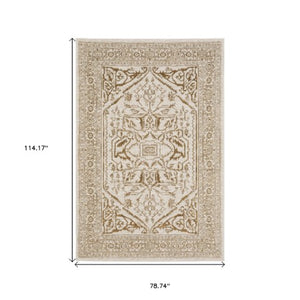 Homeroots 5' Ivory And Gold Oriental Area Rug - Stain Resistant, Stylish Design For Any Home Decor 7' X 10' Polyester 574688