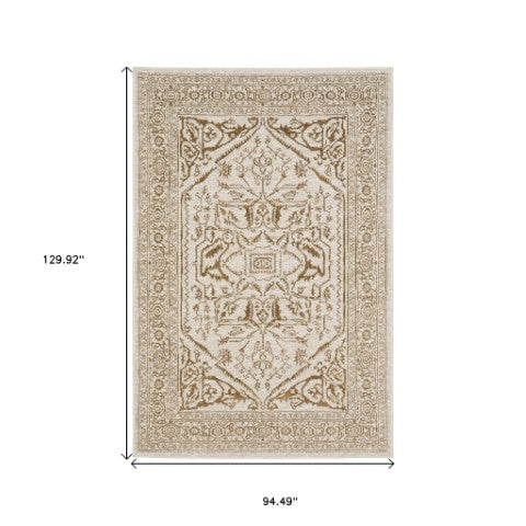 Homeroots 5' Ivory And Gold Oriental Area Rug - Stain Resistant, Stylish Design For Any Home Decor 8' X 11' Polyester 574689