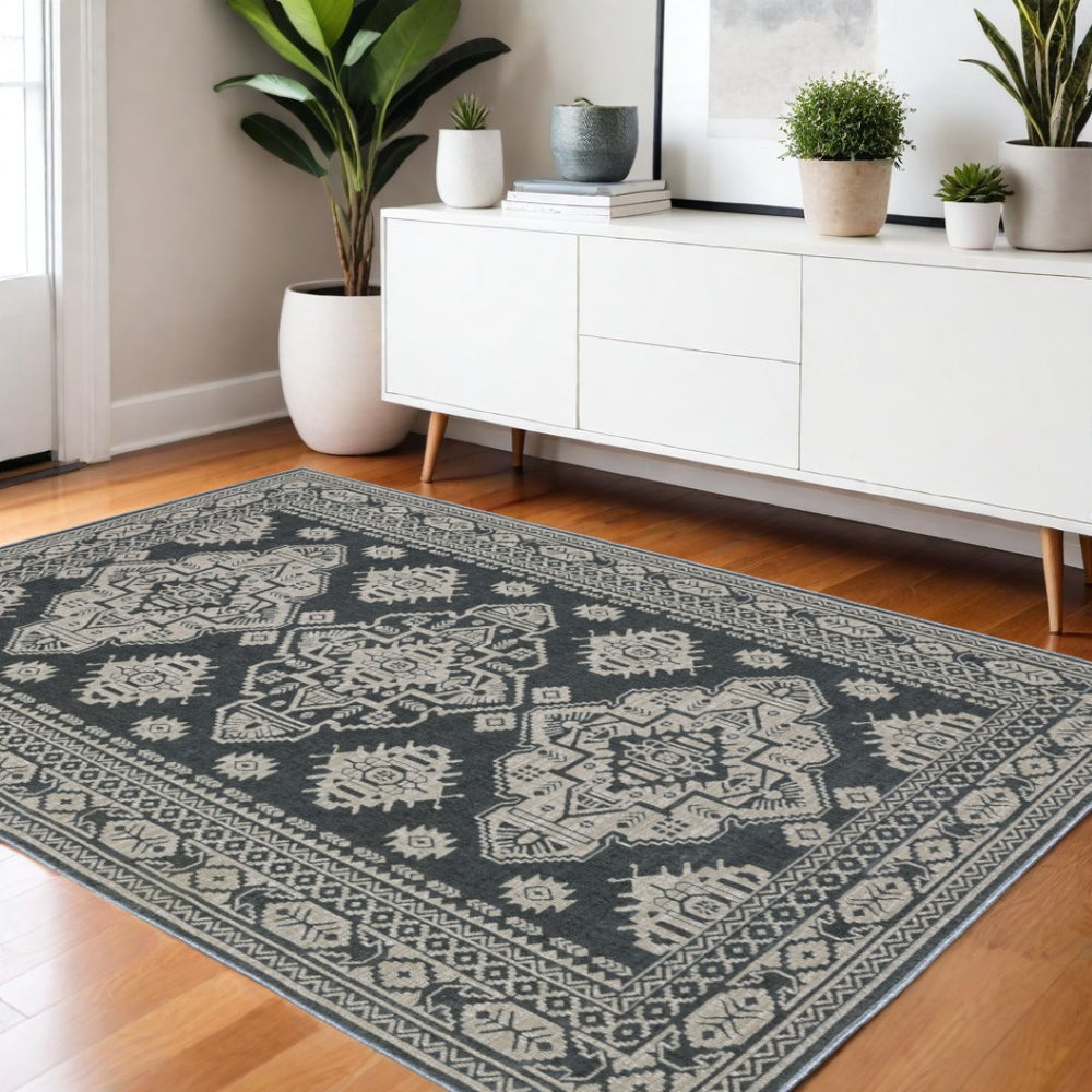 HomeRoots 10' Blue and Gray Medallion Area Rug - Durable, Elegant Design for Living Rooms and High-Traffic Spaces 4' X 6' 574691