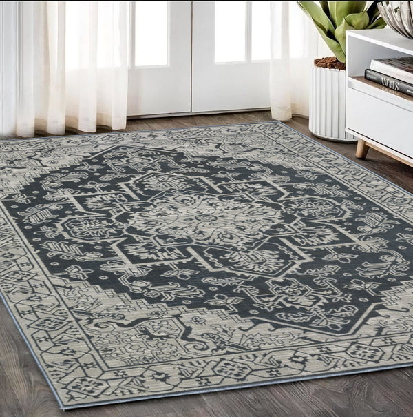 Homeroots 5' Blue Oriental Area Rug - Stain Resistant, Stylish Design For Living Spaces With Kids And Pets 5' X 8' Polyester 574695