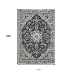 Homeroots 5' Blue Oriental Area Rug - Stain Resistant, Stylish Design For Living Spaces With Kids And Pets 4' X 6' Polyester 574697