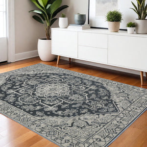 Homeroots 5' Blue Oriental Area Rug - Stain Resistant, Stylish Design For Living Spaces With Kids And Pets 4' X 6' Polyester 574697