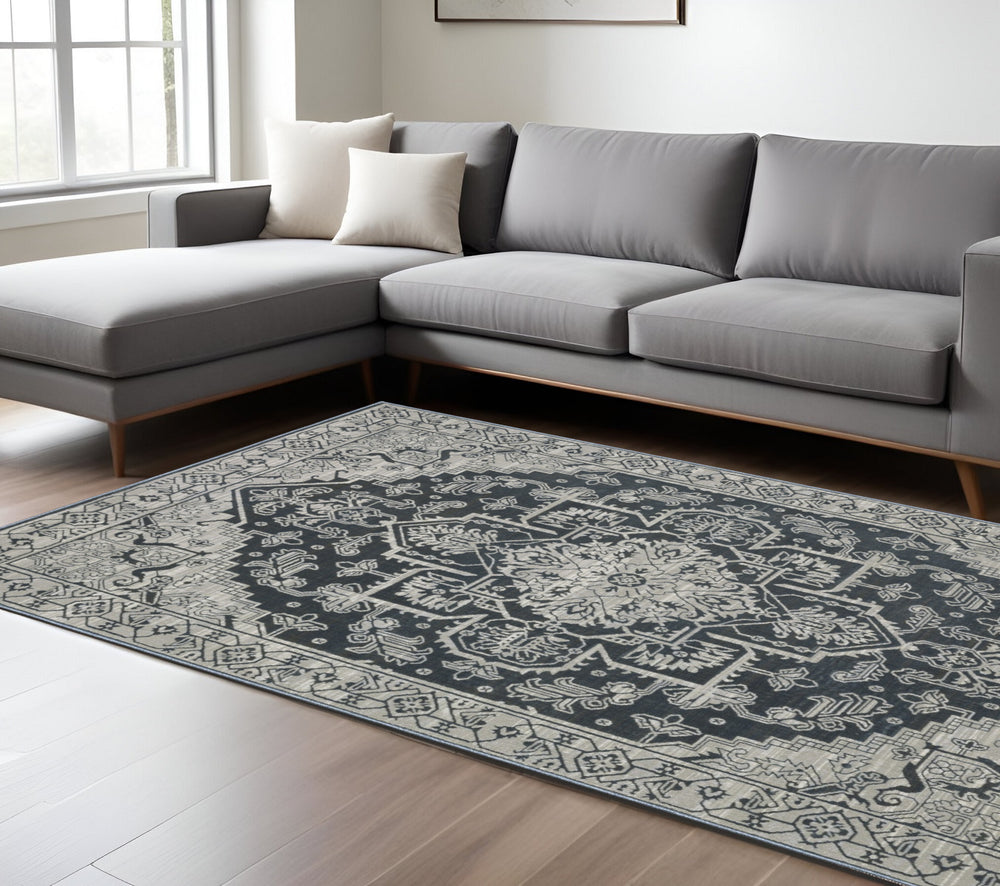 Homeroots 5' Blue Oriental Area Rug - Stain Resistant, Stylish Design For Living Spaces With Kids And Pets 7' X 10' Polyester 574698