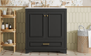 English Elm 30" Elegant Bathroom Vanity with Ceramic Sink, French-Inspired Compact Cabinet with Drawer & Shelf Black N710P317676B