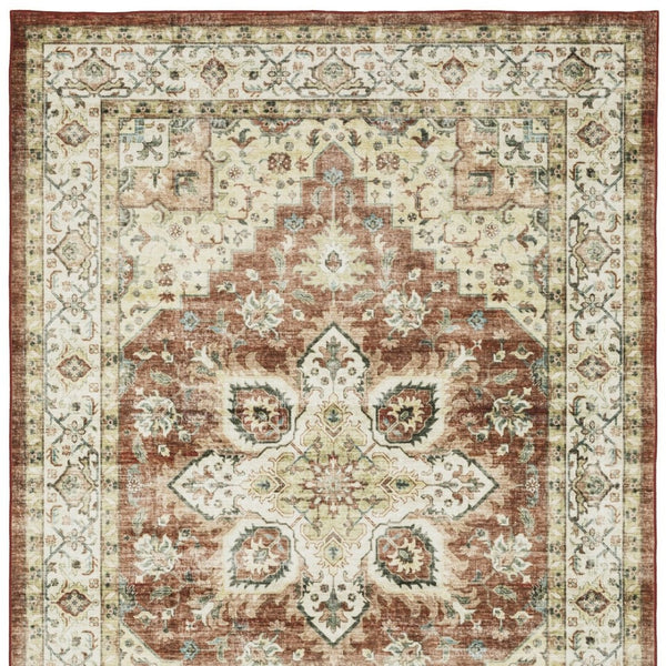 HomeRoots 5' Timeless Red and Ivory Oriental Distressed Area Rug for Elegant Living Spaces and Durability 5' X 7' 574700