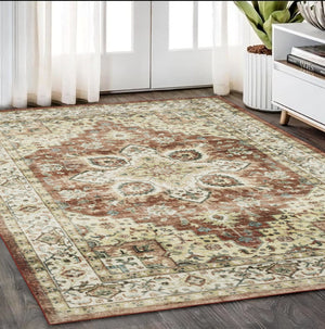 HomeRoots 5' Timeless Red and Ivory Oriental Distressed Area Rug for Elegant Living Spaces and Durability 5' X 7' 574700