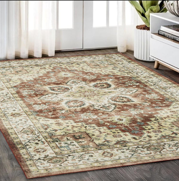HomeRoots 5' Timeless Red and Ivory Oriental Distressed Area Rug for Elegant Living Spaces and Durability 5' X 7' 574700