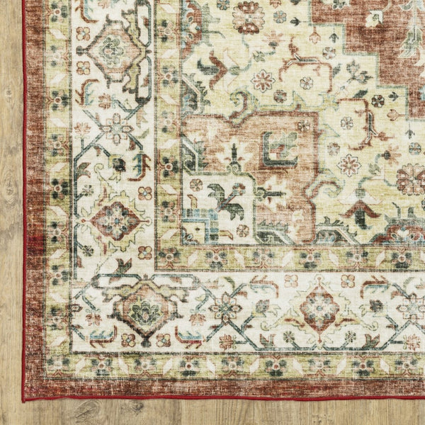 HomeRoots 5' Timeless Red and Ivory Oriental Distressed Area Rug for Elegant Living Spaces and Durability 5' X 7' 574700
