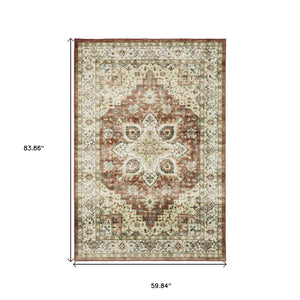 HomeRoots 5' Timeless Red and Ivory Oriental Distressed Area Rug for Elegant Living Spaces and Durability 5' X 7' 574700