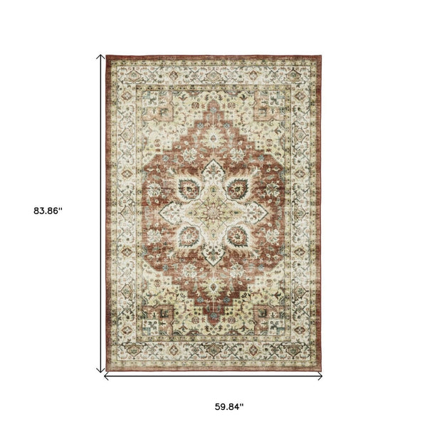HomeRoots 5' Timeless Red and Ivory Oriental Distressed Area Rug for Elegant Living Spaces and Durability 5' X 7' 574700