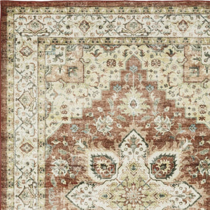 HomeRoots 5' Timeless Red and Ivory Oriental Distressed Area Rug for Elegant Living Spaces and Durability 4' X 6' 574701