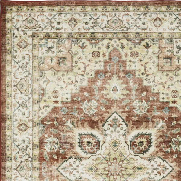 HomeRoots 5' Timeless Red and Ivory Oriental Distressed Area Rug for Elegant Living Spaces and Durability 4' X 6' 574701