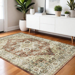 HomeRoots 5' Timeless Red and Ivory Oriental Distressed Area Rug for Elegant Living Spaces and Durability 4' X 6' 574701