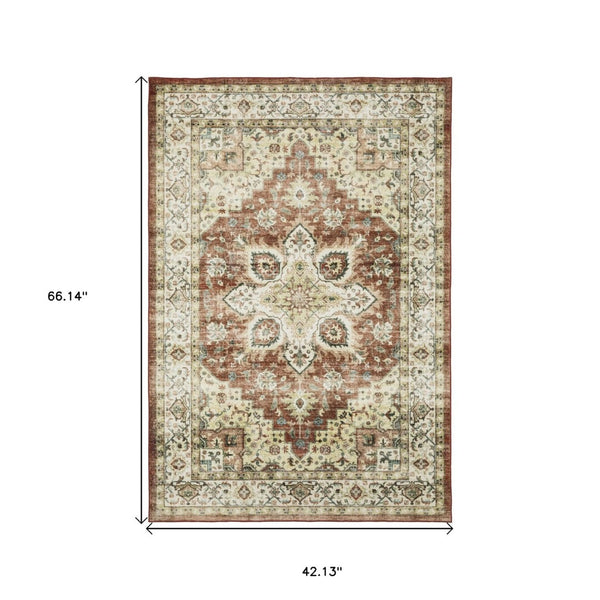HomeRoots 5' Timeless Red and Ivory Oriental Distressed Area Rug for Elegant Living Spaces and Durability 4' X 6' 574701