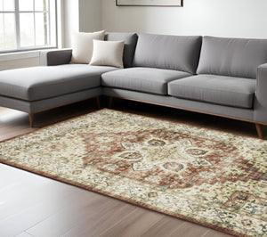 HomeRoots 5' Timeless Red and Ivory Oriental Distressed Area Rug for Elegant Living Spaces and Durability 8' X 10' 574702