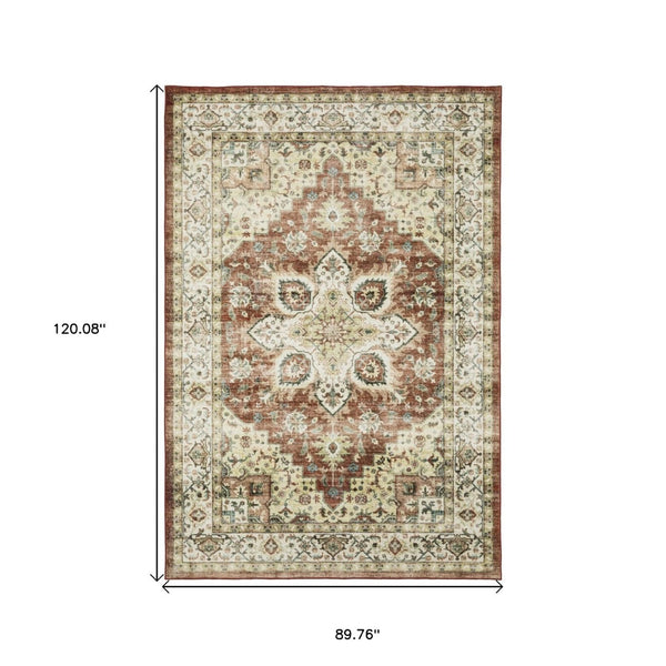HomeRoots 5' Timeless Red and Ivory Oriental Distressed Area Rug for Elegant Living Spaces and Durability 8' X 10' 574702