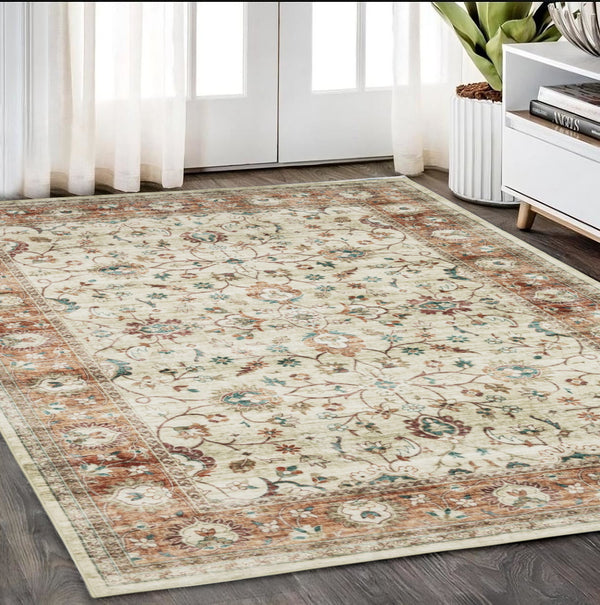 Homeroots 5' Ivory Oriental Distressed Area Rug - Stain Resistant, Non-skid Design For Stylish Home Decor 5' X 7' Polyester 574703