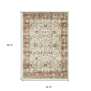 Homeroots 5' Ivory Oriental Distressed Area Rug - Stain Resistant, Non-skid Design For Stylish Home Decor 4' X 6' Polyester 574707