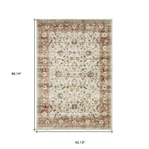 Homeroots 5' Ivory Oriental Distressed Area Rug - Stain Resistant, Non-skid Design For Stylish Home Decor 4' X 6' Polyester 574707