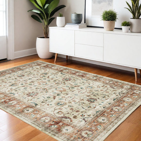 Homeroots 5' Ivory Oriental Distressed Area Rug - Stain Resistant, Non-skid Design For Stylish Home Decor 4' X 6' Polyester 574707