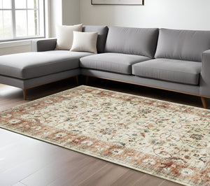 Homeroots 5' Ivory Oriental Distressed Area Rug - Stain Resistant, Non-skid Design For Stylish Home Decor 8' X 10' Polyester 574708