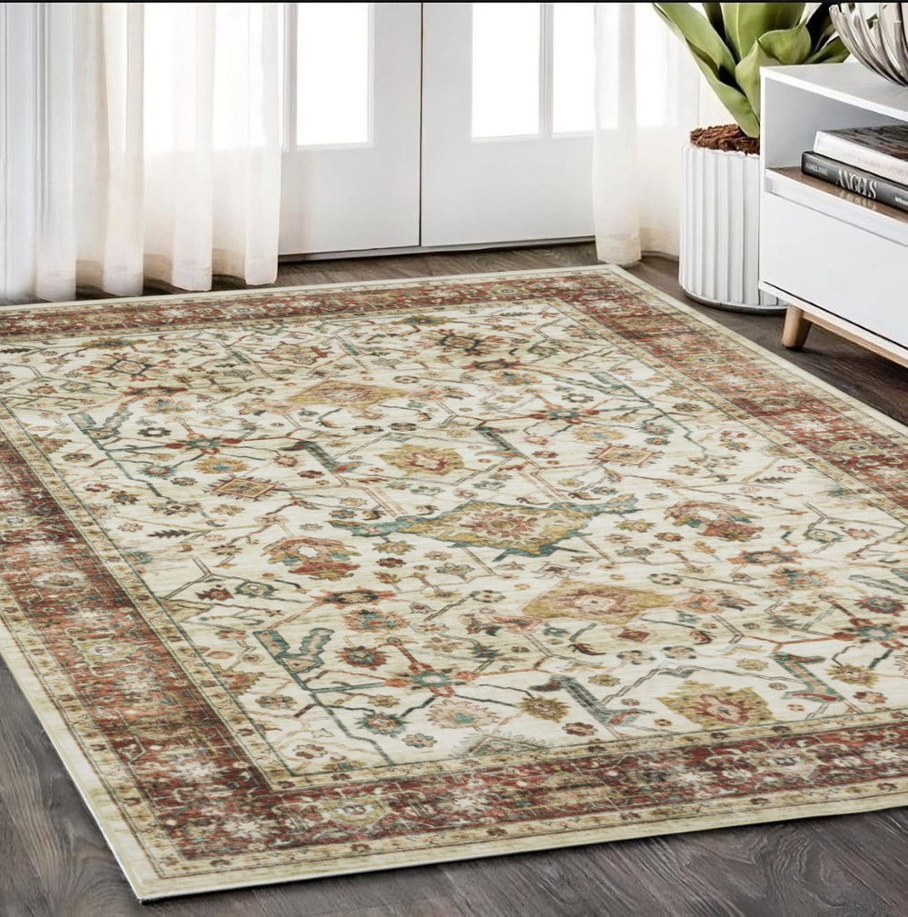 HomeRoots 5' Ivory Oriental Distressed Area Rug - Timeless Elegance for Living Spaces, Durable & Easy Maintenance 5' X 7' 574712