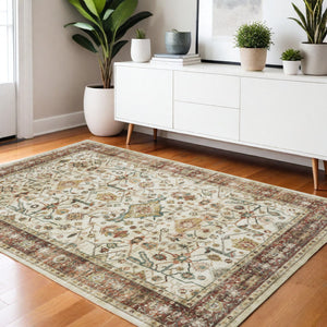 Homeroots 5' Ivory Oriental Distressed Area Rug - Elegant Non-skid Design, Stain Resistant For Any Décor 4' X 6' Polyester 574713