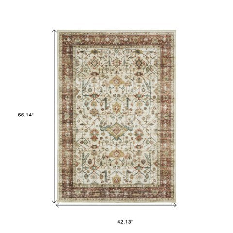 Homeroots 5' Ivory Oriental Distressed Area Rug - Elegant Non-skid Design, Stain Resistant For Any Décor 4' X 6' Polyester 574713