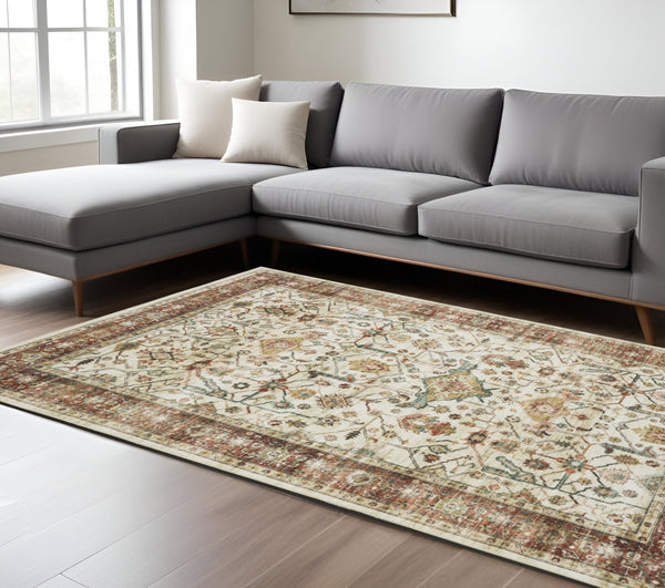 Homeroots 5' Ivory Oriental Distressed Area Rug - Elegant Non-skid Design, Stain Resistant For Any Décor 8' X 10' Polyester 574714