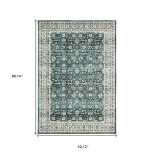 Homeroots 4' Teal Oriental Distressed Area Rug - Stylish, Non-skid, Stain-resistant Design For Any Room 4' X 6' Polyester 574715
