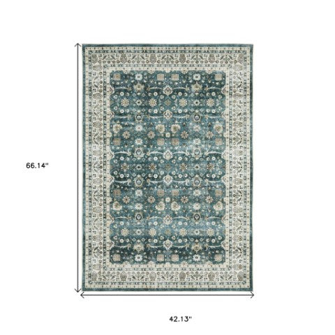 Homeroots 4' Teal Oriental Distressed Area Rug - Stylish, Non-skid, Stain-resistant Design For Any Room 4' X 6' Polyester 574715